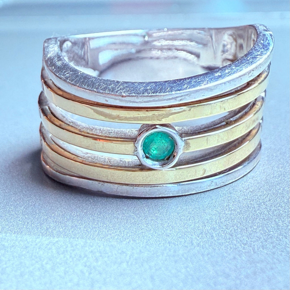 Modernist .10 CT Emerald Solitaire 5 Band Sterling Silver 925 Ring MCM Size 10